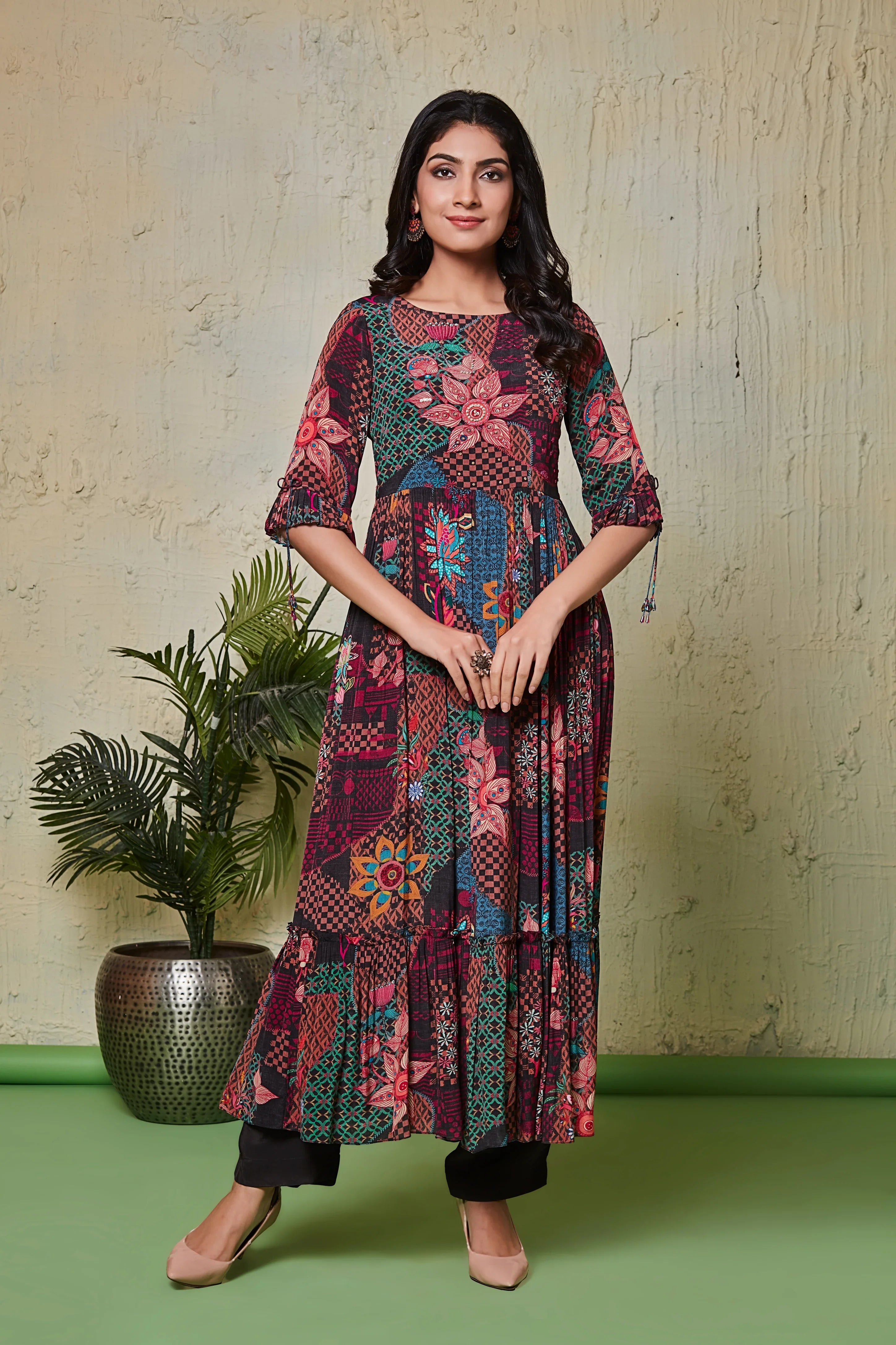 Bohemian Print Crepe Midi Dress with Flared Sleeves - Mokshaa