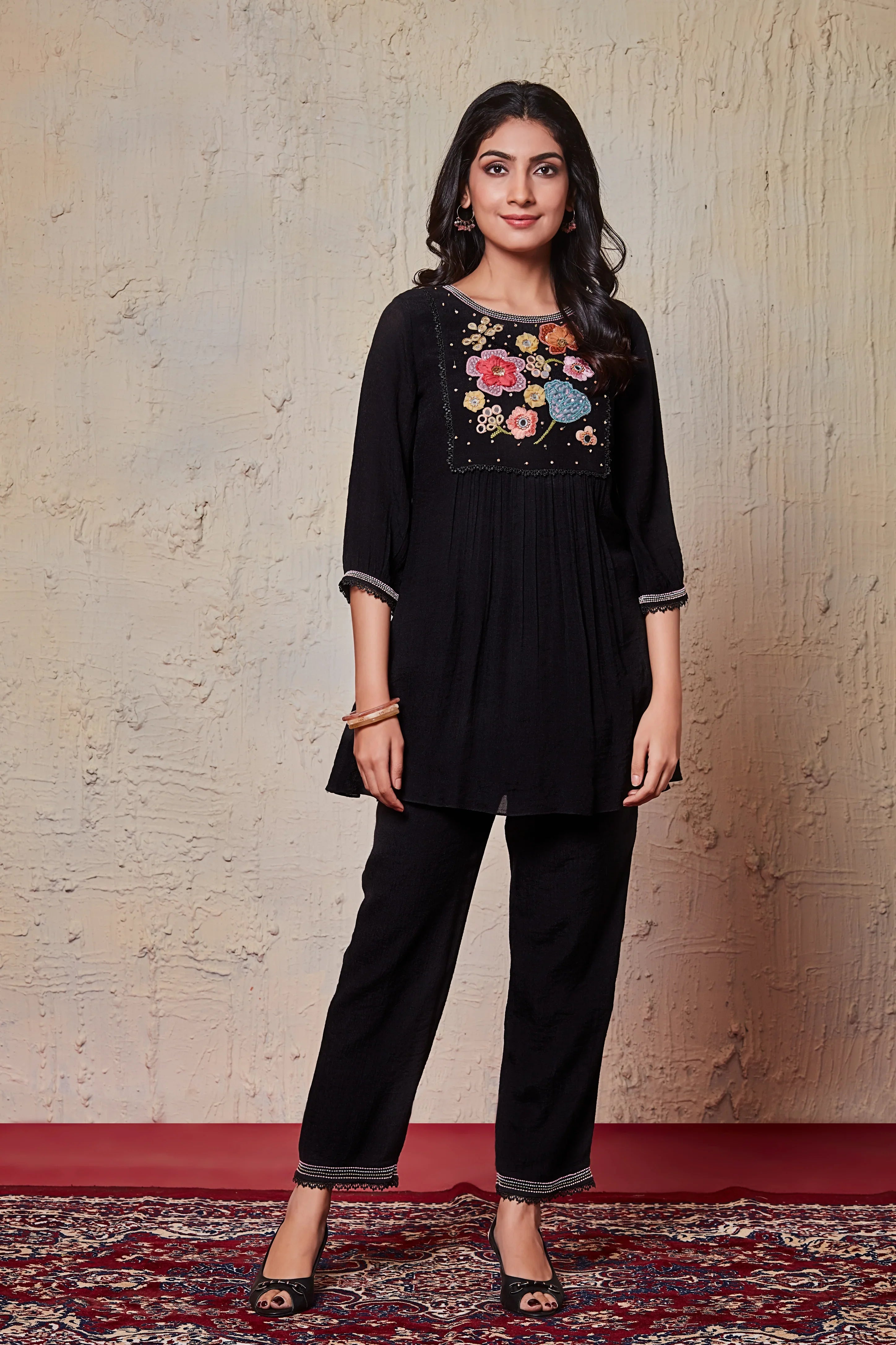Jet Black Cotton Co-ord Set with Vibrant Floral Yoke Embroidery - Mokshaa