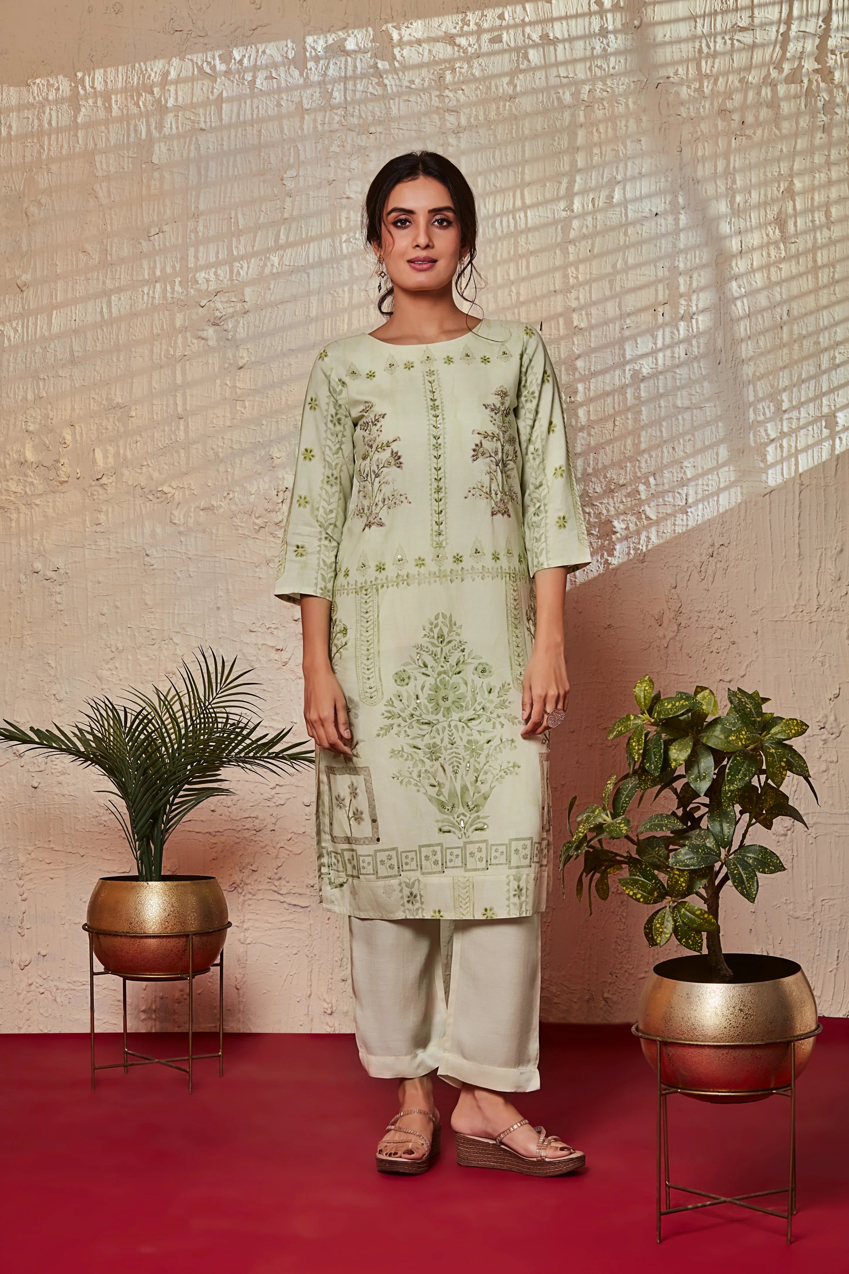 Pistachio Green Crepe Kurta Set with Ethnic Motif Print - Mokshaa