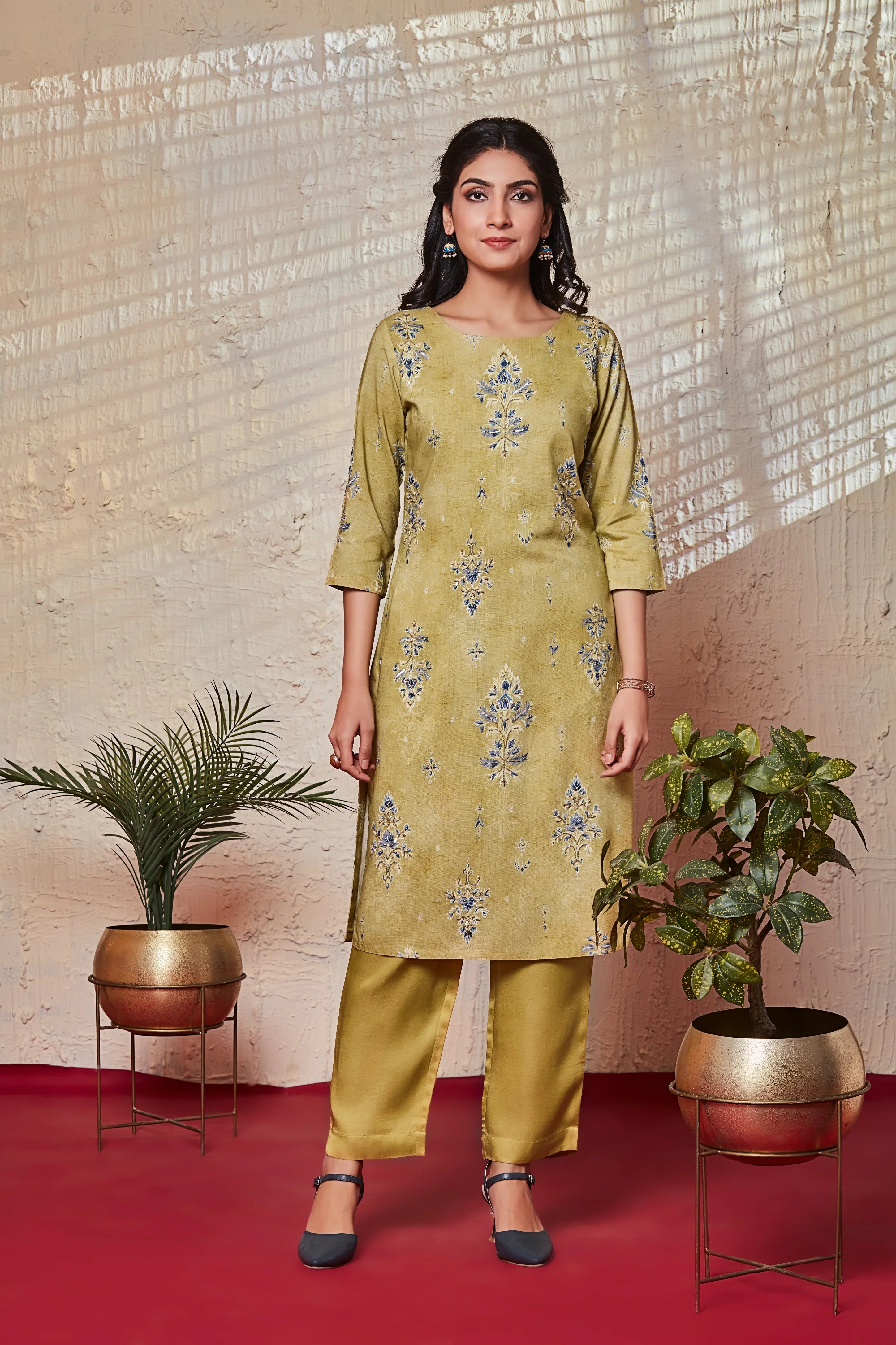 Olive Tile Print Crepe Kurta Set - Mokshaa