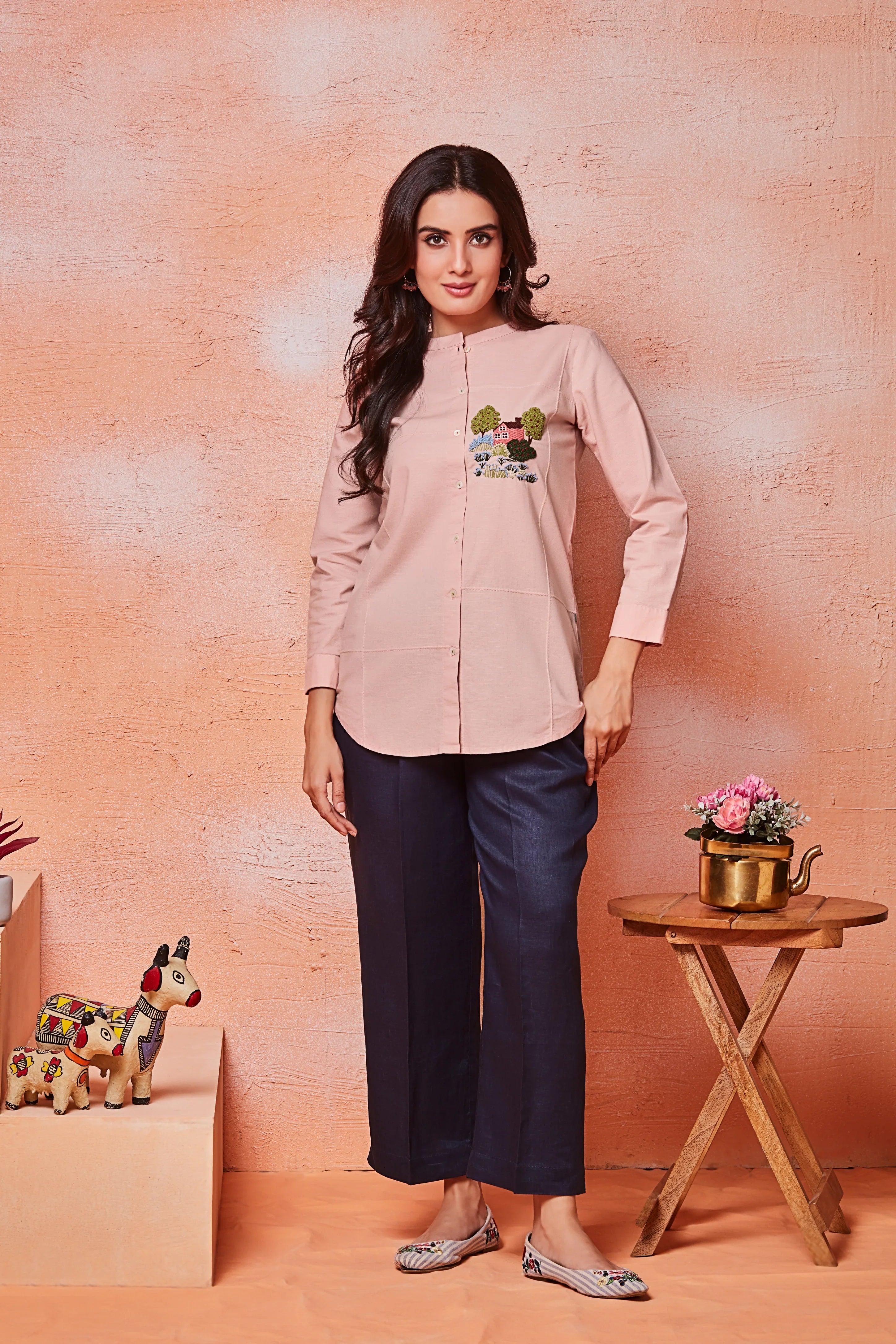 Blush Pink Cotton Shirt with Scenic Embroidery - Mokshaa