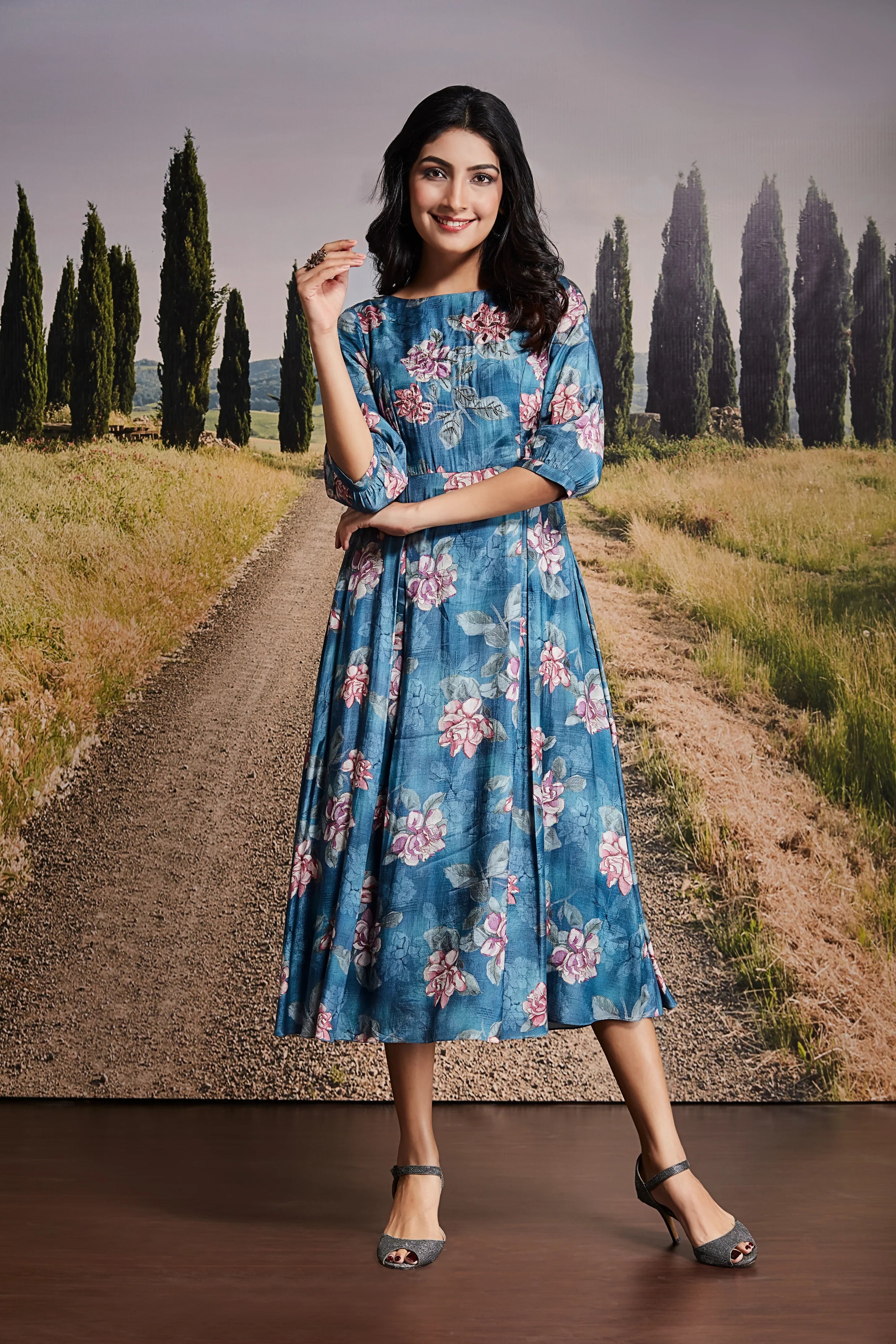 Blue Cotton Midi Dress with Pink Floral Print - Mokshaa