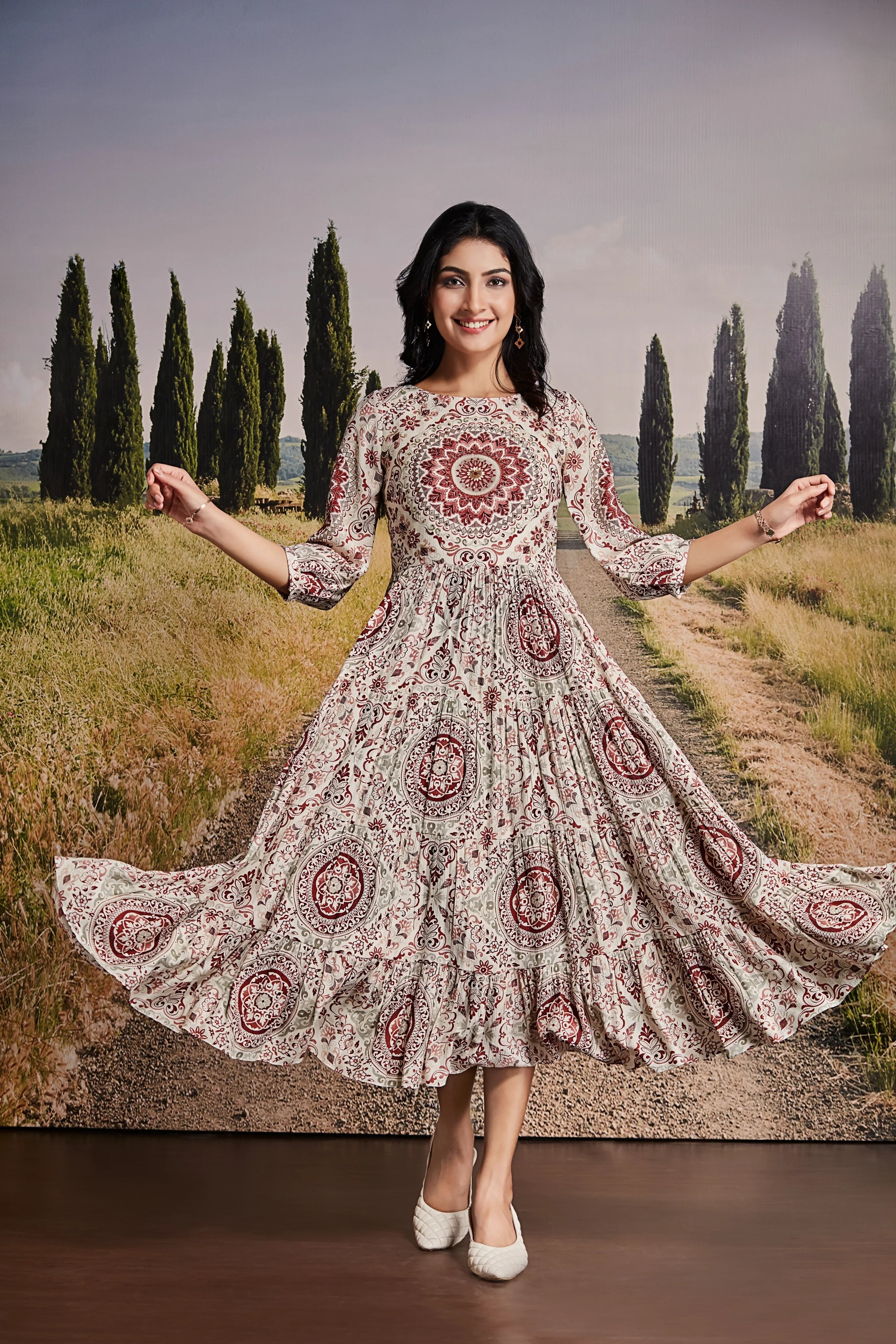 Cream & Maroon Cotton Midi Dress with Mandala Print - Mokshaa