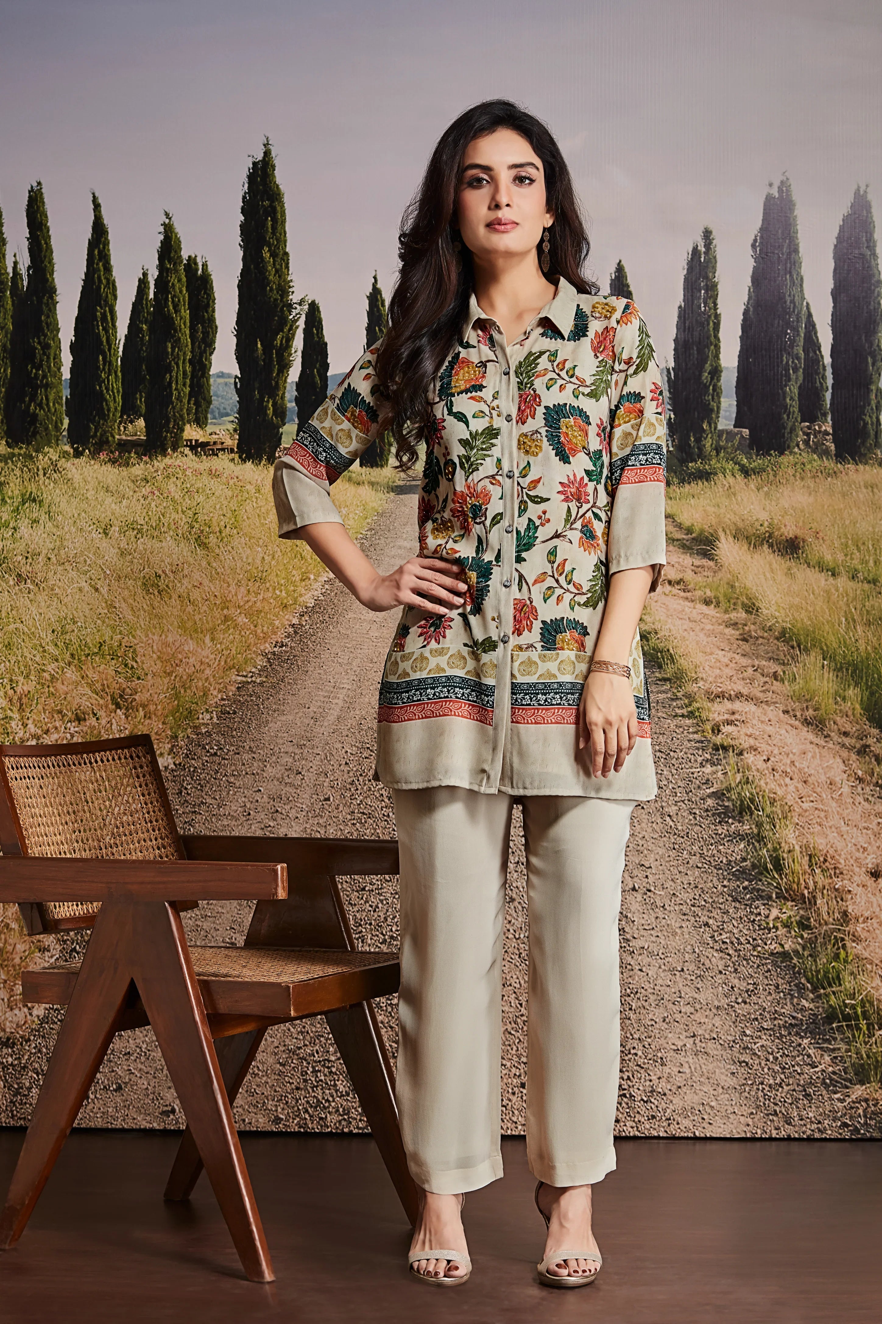 Sand Beige Crepe Co-ord Set with Multicolor Mughal Floral Print - Mokshaa