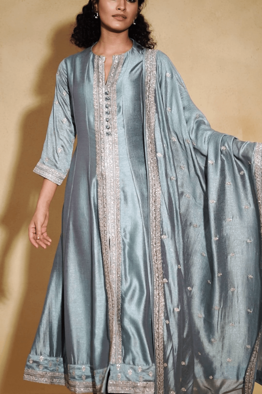 Exquisite Sky Blue Silk Anarkali Suit Set With Satin-Silk Dupatta - Mokshaa