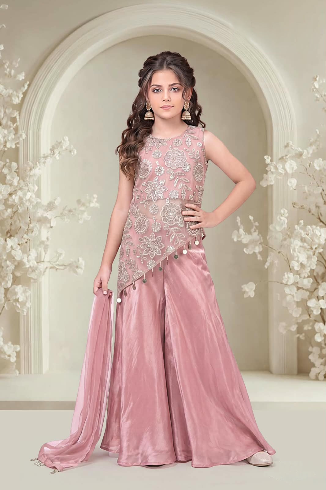 Dusty Rose Embroidered Girls Palazzo Set - Mokshaa