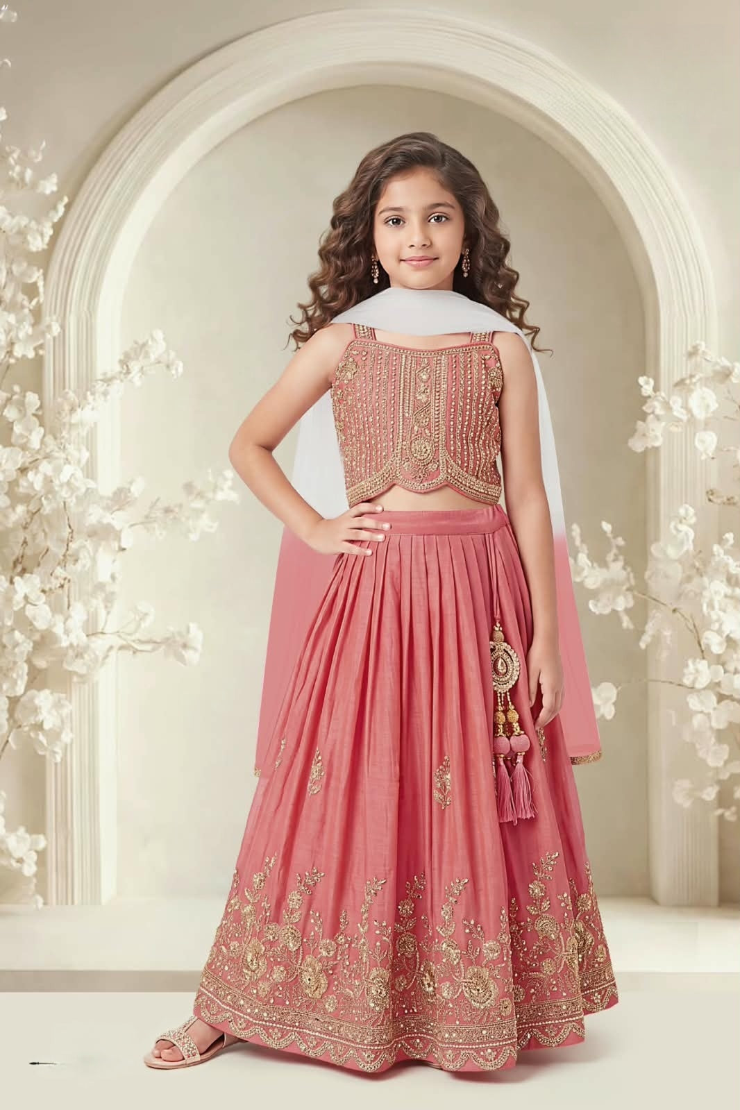 Coral Pink Embroidered Girls Lehenga Set - Mokshaa