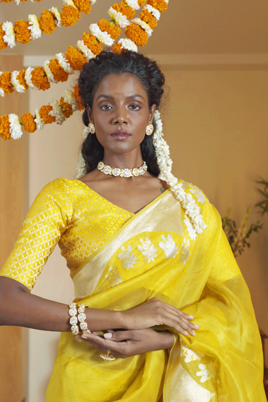Mustard Banarasi Kora Silk Saree