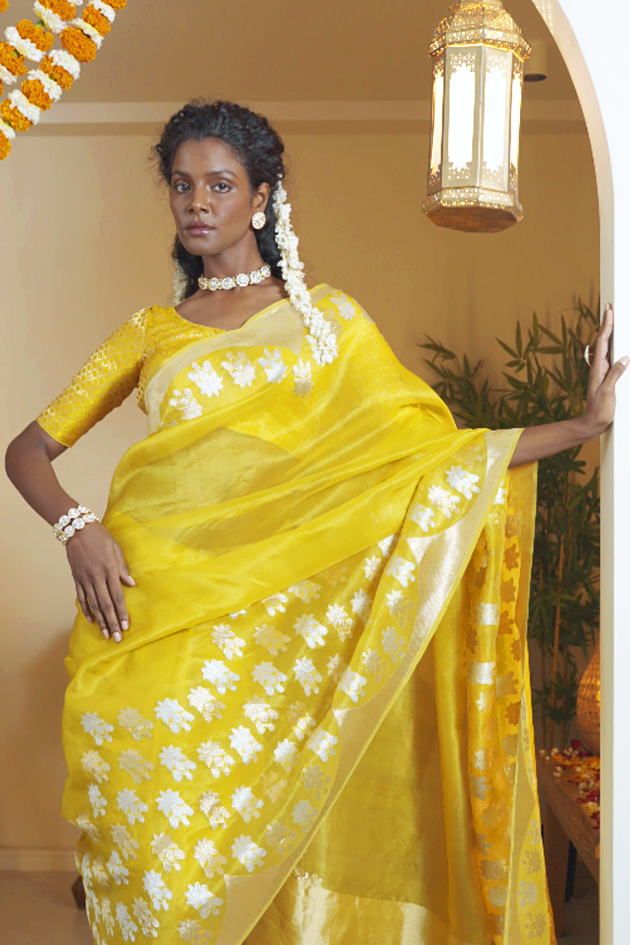 Mustard Banarasi Kora Silk Saree